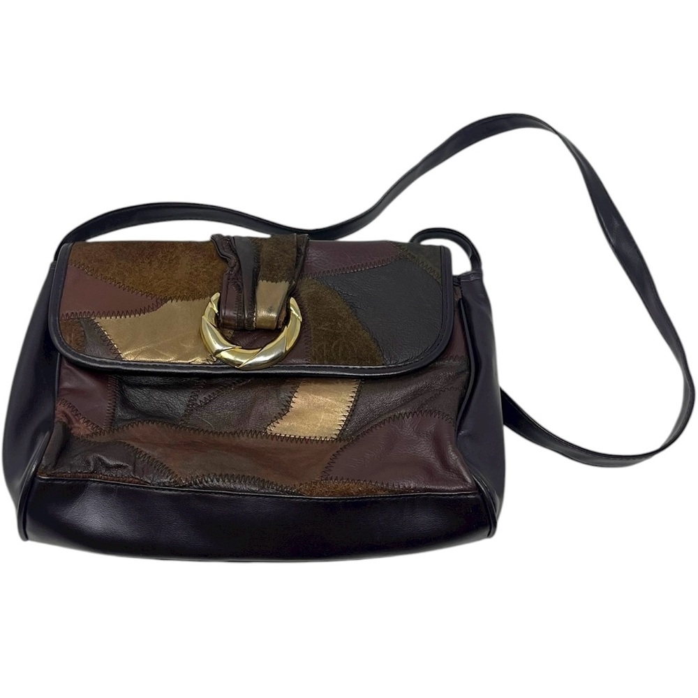 Vintage Fold Over Leather Patchwork Colorblock Crossbody Bag Brown Goldtone
